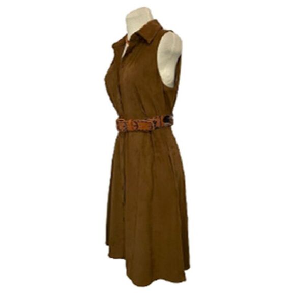 New York & Company Faux Suede Button Front Sleeveless Brown Dress - Picture 1 of 8